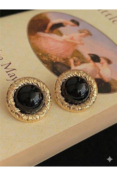 Pelin Aksesuar Siyah Büyük Taşlı Altın Varak Çerçeveli Düğme Küpe