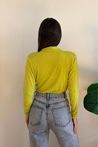 Nazline Women's Double-Breasted Collar Shoulder Drape Detailed Bottom Snap Fastener Bodysuit