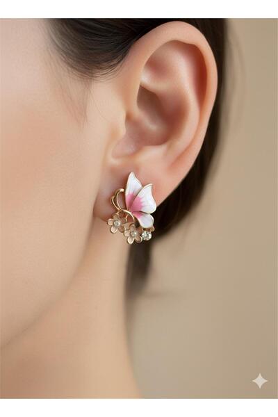 Pelin Aksesuar Pembe Kanatlı Kelebek ve Çiçek Figürlü Küpe