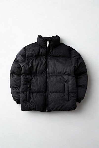 A&O Style Men's Black Oversized Mock Neck Inflatable Velvet Coat with Extra Padding