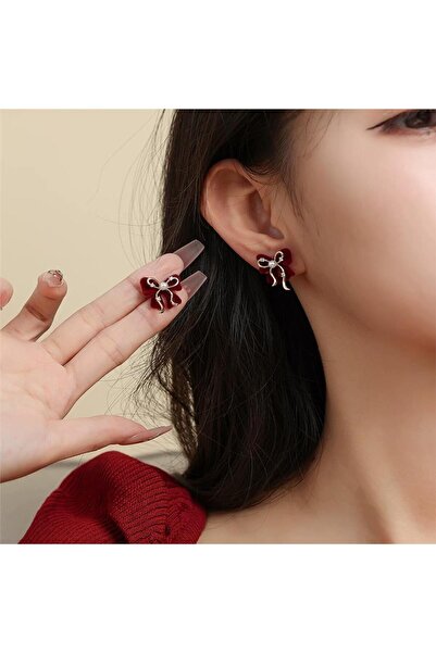 Pelin Aksesuar Burgundy Velvet Bow and Pearl Detailed Earrings