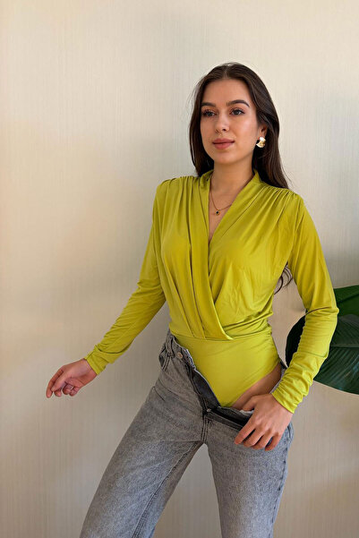 Nazline Women's Double-Breasted Collar Shoulder Drape Detailed Bottom Snap Fastener Bodysuit