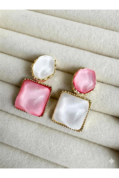 Pelin Aksesuar Pembe ve Beyaz Sedefli Kare ve Oval Taşlı Küpe
