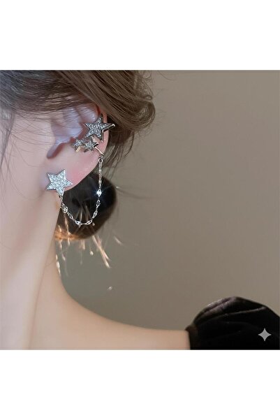 Pelin Aksesuar Gümüş Renk Zirkon Taşlı Yıldız Ear Cuff Küpe