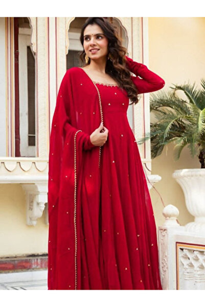 MYSMAR Red Georgette Top Pent & Dupatta - HRT1971 | Red