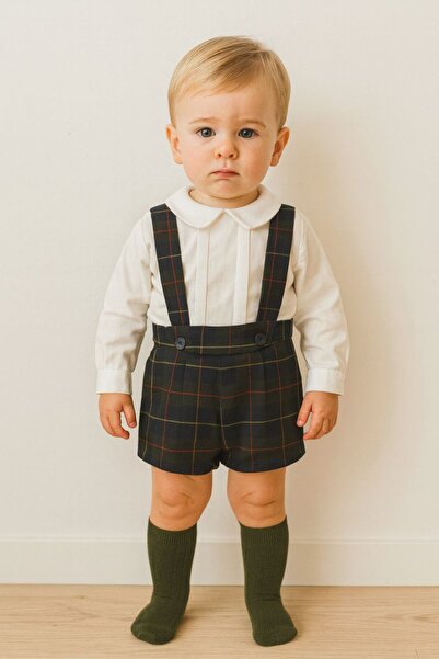 La reina petite Boys' suit, long-sleeved shirt and plaid suspenders