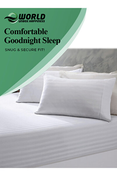 e world unbox happiness 3 Piece White Striped Fitted Bed Sheet Set – Fitted Sheet & 2 Pillowcases