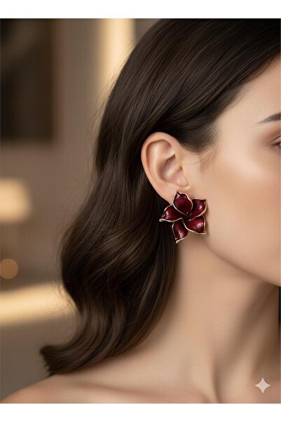 Pelin Aksesuar Burgundy Red Enamel and Gold Edged Five Petal Flower Earrings