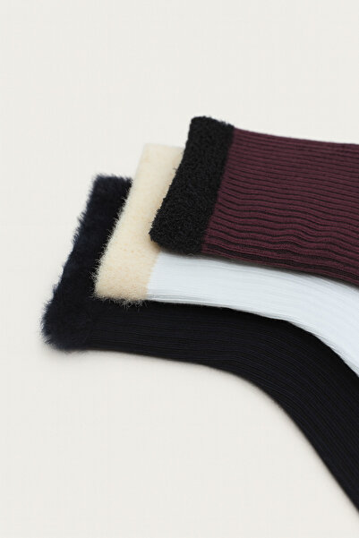 MEM SOCKS 3-Piece Rubberized Section Feathered Derby Patterned Stitch-Free Cotton Women/Girl Socks