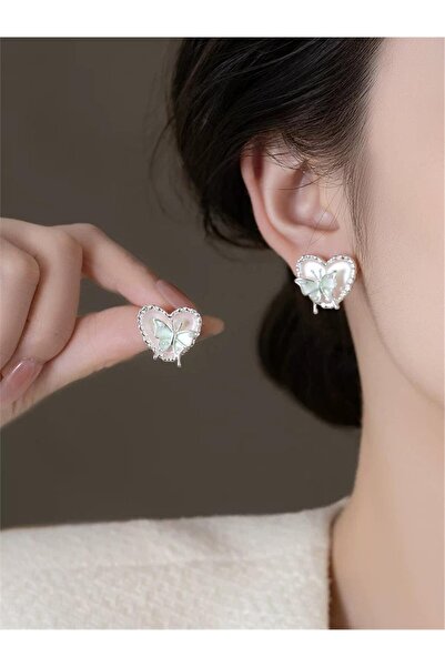 Pelin Aksesuar Pembe Kalp ve Yeşil Kelebek Figürlü Küpe