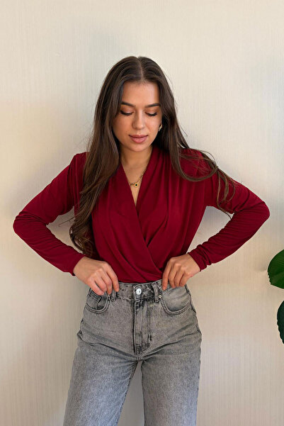 Nazline Women's Double-Breasted Collar Shoulder Drape Detailed Bottom Snap Fastener Bodysuit