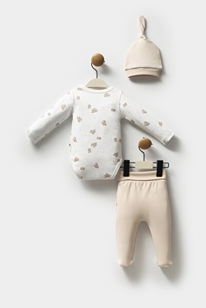 HENGAME Moi Noi Baby Boy 100% Cotton Rabbit Patterned 3-Piece Set, Bodysuit, Pants, Hat Set, Oeko-Tex Certified