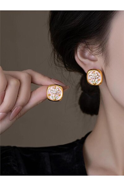 Pelin Aksesuar Pudra Pembe Mineli Gold Çerçeveli Kare Çiçek Küpe