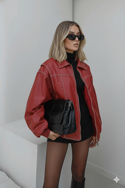 SHILSEE BEUTİQUE Women's Red Stitched Detail Folded Collar Lining Soft Oversize Leather Jacket