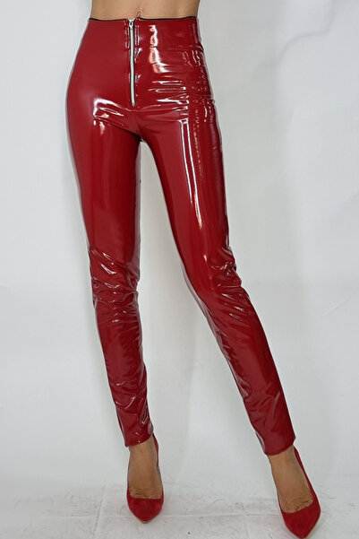 FashionForYou Latex pants with front zipper, Abby, Red, L, Red