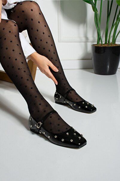 dabab shoes Carmelia Women's Black Square Toe Stone Detailed Buckle Mary Jane Ballerinas