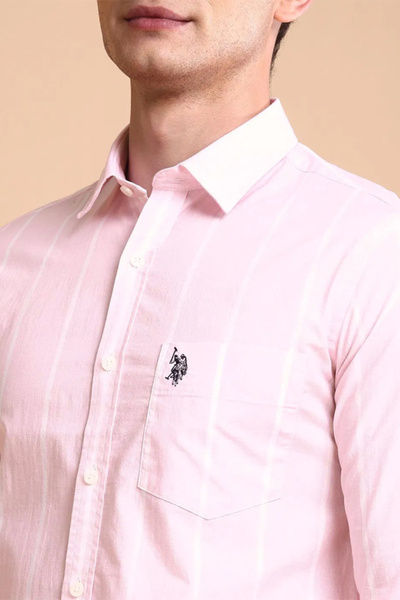 U.S. Polo Assn. Mens Light Pink Vertical Striped Tailored Fit Shirt
