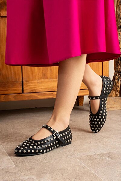 dabab shoes Celvia Black Round Toe Stone Detailed Buckle Mary Jane Ballerinas