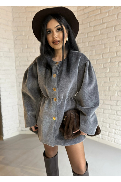 moneta boutique Women's Elastic Waist Fox Fabric Gold Button Jacket