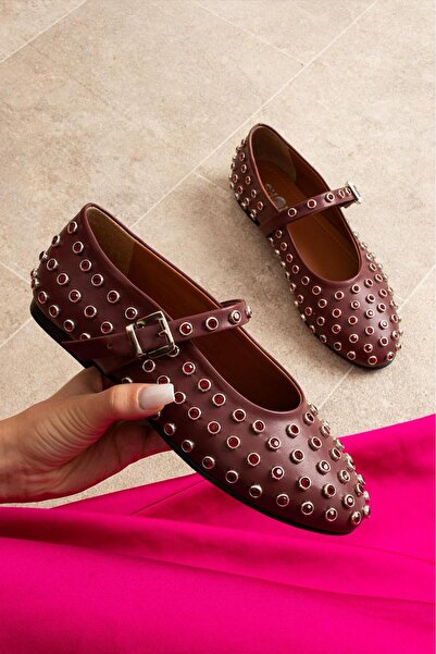 dabab shoes Celvia Burgundy Round Toe Stone Detailed Buckle Mary Jane Ballerinas