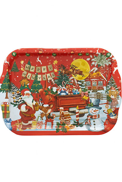 ATAGİFT HEDİYELİK Christmas Themed Metal Tray, Pine Tree Santa Claus Snowman ...