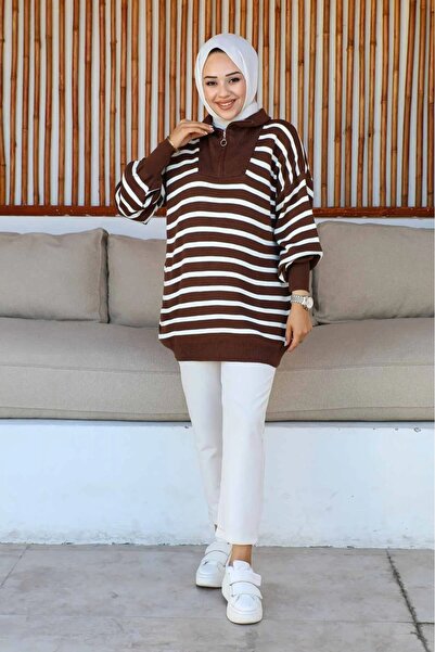 DAS KLEID Brown Collar Zippered Striped Sweater
