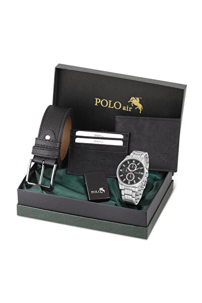 Polo Air Erkek Kol Saati Kemer Cüzdan Kartlık Çakmaklı Hediyelik Kutusunda Gümüş Siyah Set PL-7035E5