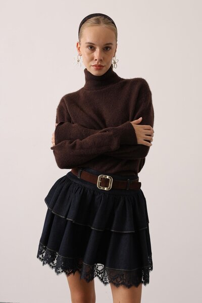 CKM MODA Roxie Layered Lace Denim Mini Skirt Jeans Blue