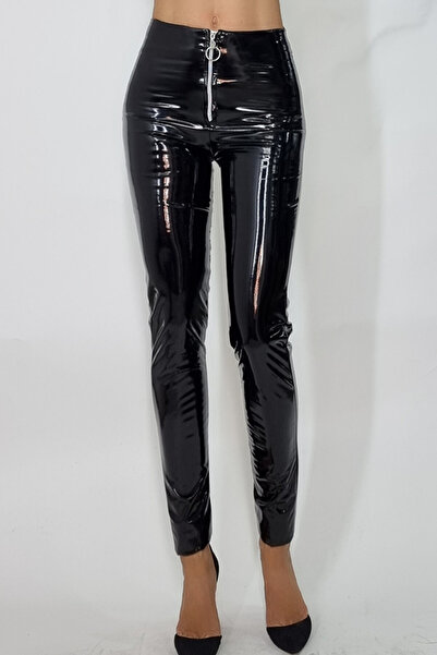 FashionForYou Pantaloni din latex cu fermoar frontal, Abby, Negri