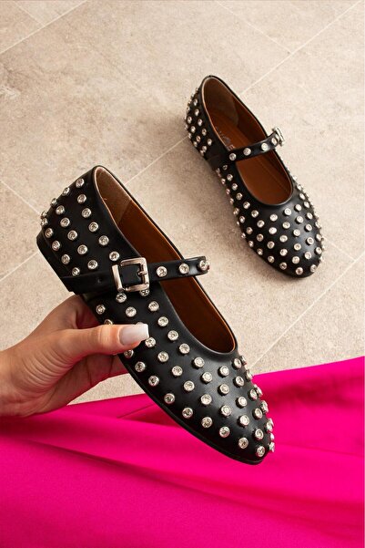 dabab shoes Celvia Black Round Toe Stone Detailed Buckle Mary Jane Ballerinas