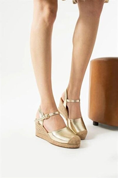 dabab shoes Lunessa Gold Buckle Straw Detailed Wedge Heeled Sandals Shoes