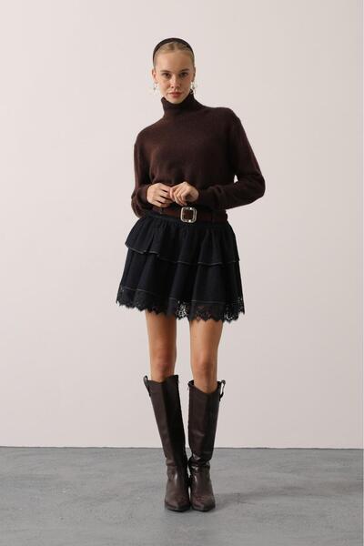 CKM MODA Roxie Layered Lace Denim Mini Skirt Jeans Blue