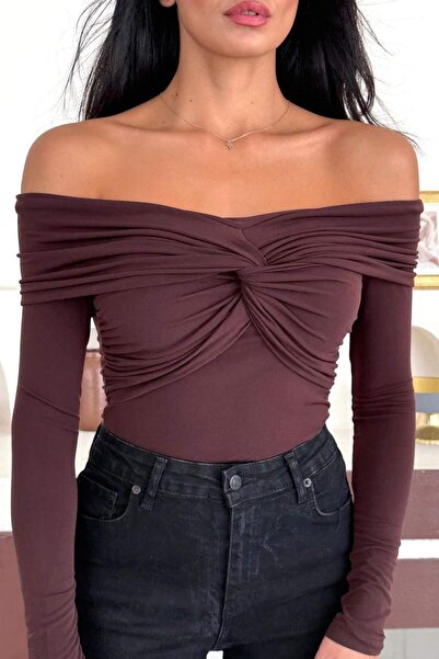 ZISHAN Kadın Madonna Yaka Düğüm Detaylı Uzun Kollu Drapeli Bluz 10125