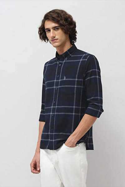 U.S. Polo Assn. Mens Dark Blue Plaid Checked Tailored Fit Shirt
