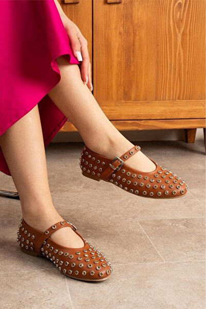 dabab shoes Celvia Tan Round Toe Stone Detailed Buckle Mary Jane Ballerinas