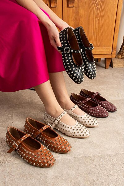 dabab shoes Celvia Black Round Toe Stone Detailed Buckle Mary Jane Ballerinas