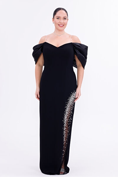 BDM Exclusive Straplez Omuz Organze Fiyonklu Yırtmaçlı Taşlı Büyük Beden Abiy...