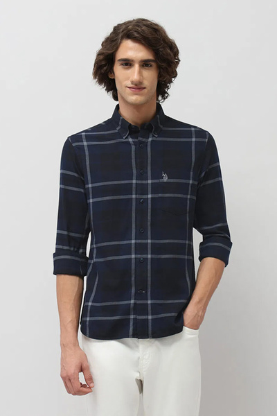 U.S. Polo Assn. Mens Dark Blue Plaid Checked Tailored Fit Shirt