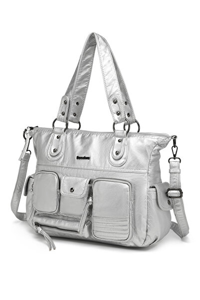 Hüvendo Multi-Pocket Daily Large Size Shopper Design Adjustable Strap Women's Shoulder Bag Platinum