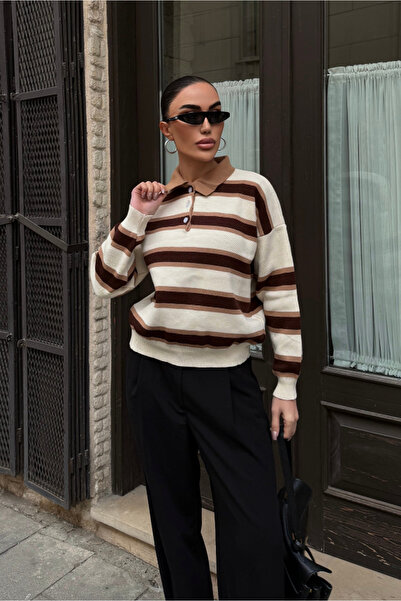 Fav Style Γυναικείο πλεκτό πουλόβερ με λαιμόκοψη πόλο ριγέ oversized μπεζ