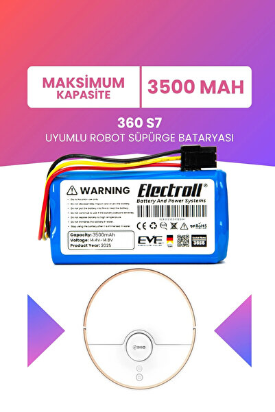 ELECTROLL 360 S7 Batarya (MAKSİMUM KAPASİTE) 3500mah Pil Akıllı Robot Süpürge...
