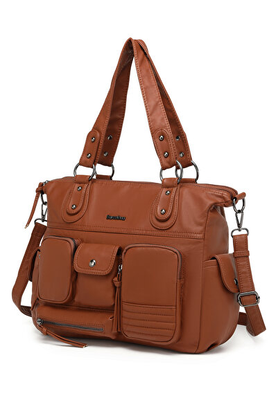Hüvendo Multi-Pocket Daily Large Size Shopper Design Adjustable Strap Women's Shoulder Bag Brown