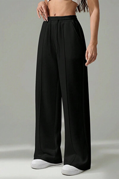 Sun Victoria Γυναικείο μαύρο φαρδύ παντελόνι με ψηλόμεσο κορδόνι