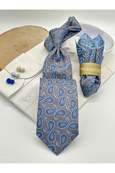 Gutiero Classic Tie with Blue Paisley Patterned Handkerchief