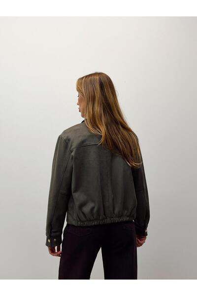 Maldia Shop Women's Suede Fabric Arden Bomber Khaki Jacket