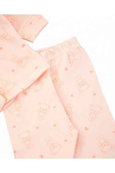 VOY KİDS Baby Girl Teddy Bear Printed Double-Breasted Collared 100% Cotton Luxury Nightgown Top and Bottom 2-Piece Set