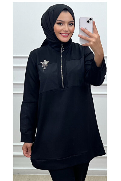 CELTMODA Women's Half Zipper Star Print Parachute Detailed Hijab Two-Piece Set - Black