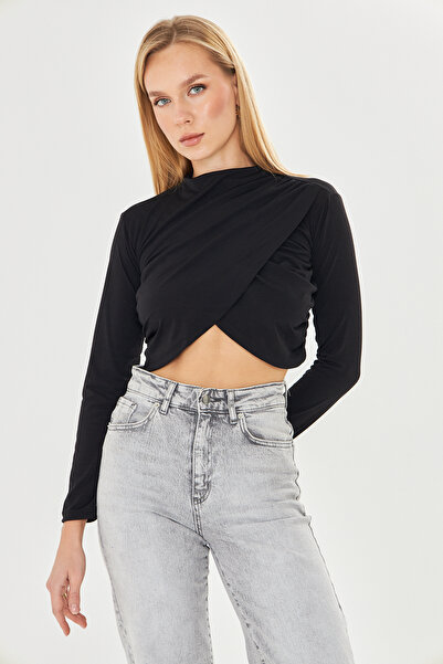 let s shine Mock Neck Sandy Long Sleeve Blouse with Flounce on the Shoulder - 739