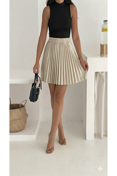 YUSUF CAN KARATAŞ KARATAŞ GİYİM Women's Beige Color Pleated Elastic Waist Satin Fabric Mini Skirt Length 45 cm