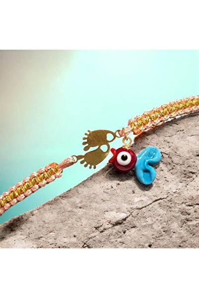 MODA سوار الأم – سوار نسائي محبوك باللون الوردي مع بصمة قدم صغيرة وخرز العين ...